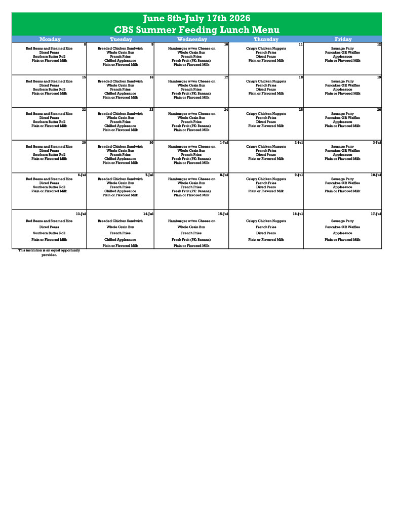cbs summer lunch menus 2026
